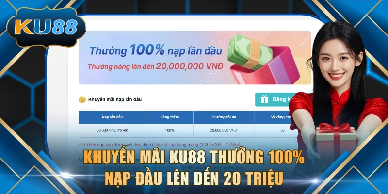 Khuyến mãi KU88 thưởng 100% nạp đầu lên đến 20 triệu
